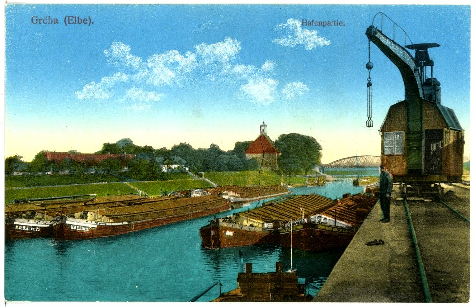16851-Gröba-1913-Hafen mit Lastkähnen-Brück & Sohn Kunstverlag