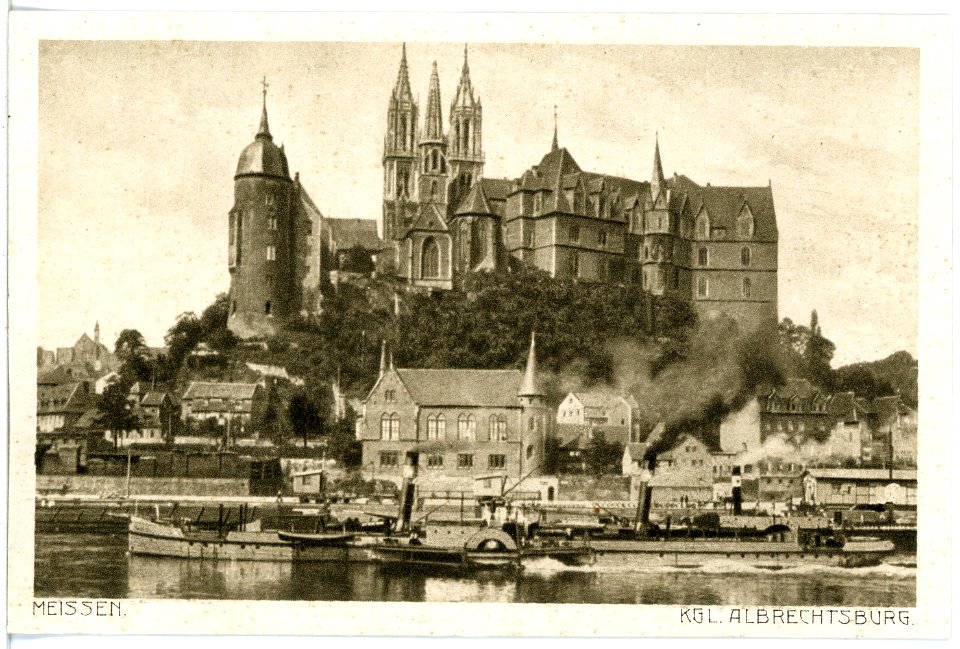 17201-Meißen-1913-Albrechtsburg und Dom - Elbe mit Schleppern-Brück & Sohn Kunstverlag