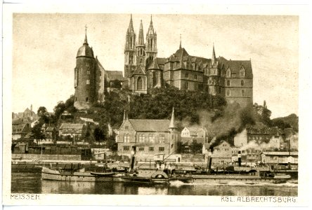 17201-Meißen-1913-Albrechtsburg und Dom - Elbe mit Schleppern-Brück & Sohn Kunstverlag