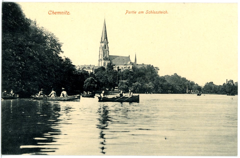 16716-Chemnitz-1913-Schloßteich mit Ruderkähnen, Schloßkirche-Brück & Sohn Kunstverlag