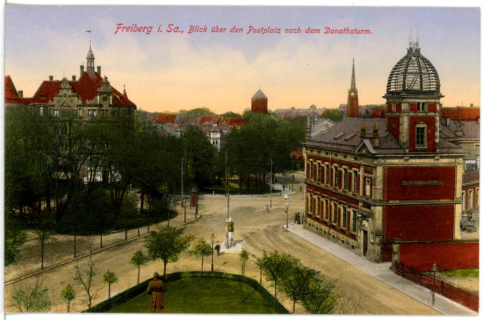 16530-Freiberg-1913-Blick über den Postplatz nach dem Donathsturm-Brück & Sohn Kunstverlag