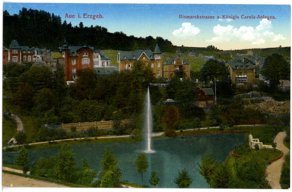 16833-Aue-1913-Bismarckstraße und Königin Carola Anlagen-Brück & Sohn Kunstverlag