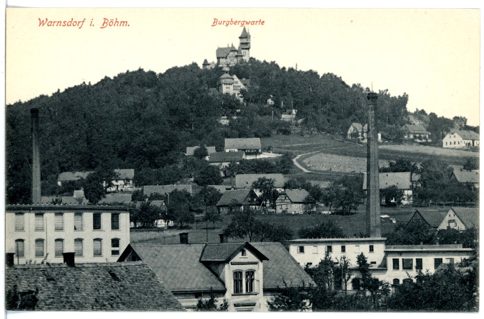 16910-Warnsdorf-1913-Blick auf Warnsdorf und die Burgbergwarte-Brück & Sohn Kunstverlag