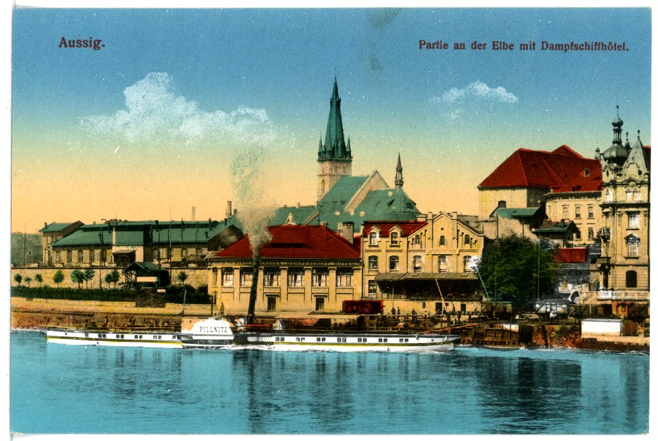 17028-Aussig-1913-Landeplatz, Dampfschiffhotel und Dampfer Pillnitz-Brück & Sohn Kunstverlag