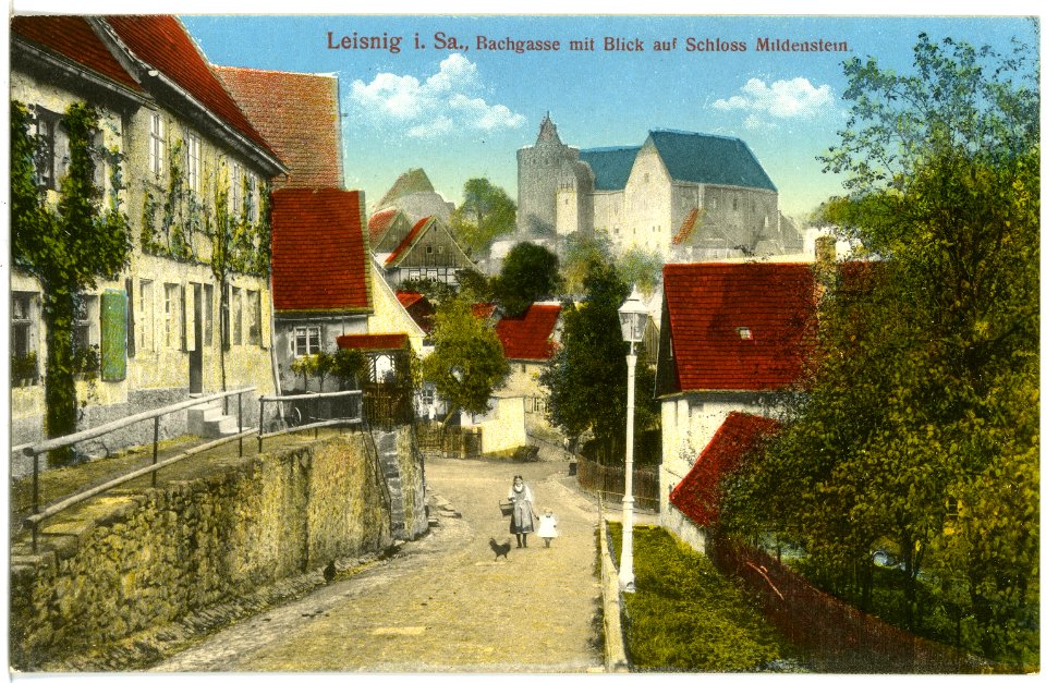 17387-Leisnig-1914-Bachgasse mit Schloß Mildenstein-Brück & Sohn Kunstverlag