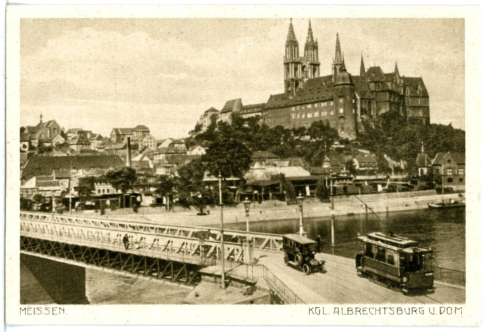 17203-Meißen-1913-Albrechtsburg und Dom - Brücke mit Straßenbahn und Auto-Brück & Sohn Kunstverlag