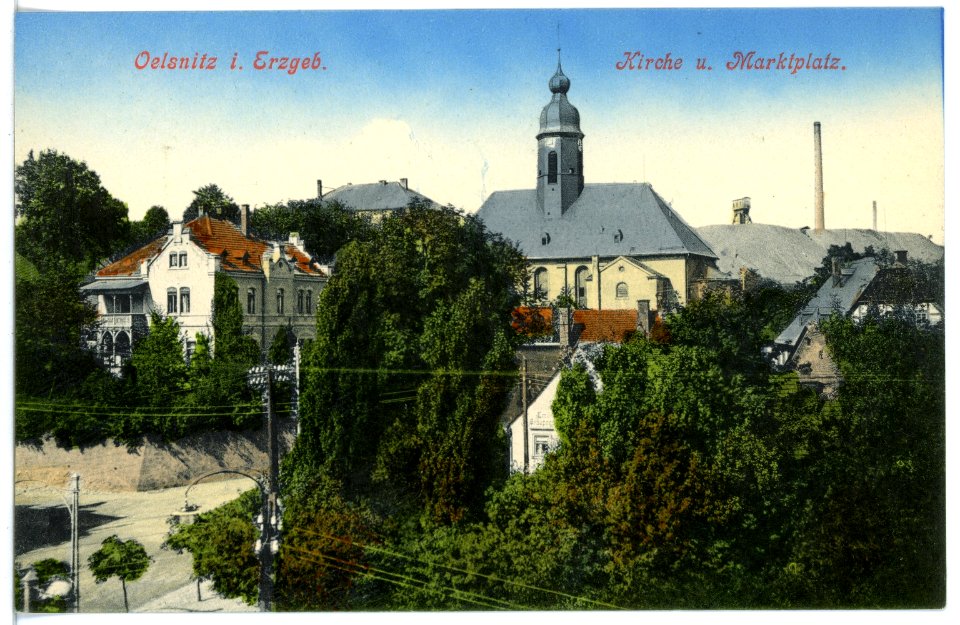 16957-Oelsnitz-1913-Kirche und Marktplatz-Brück & Sohn Kunstverlag