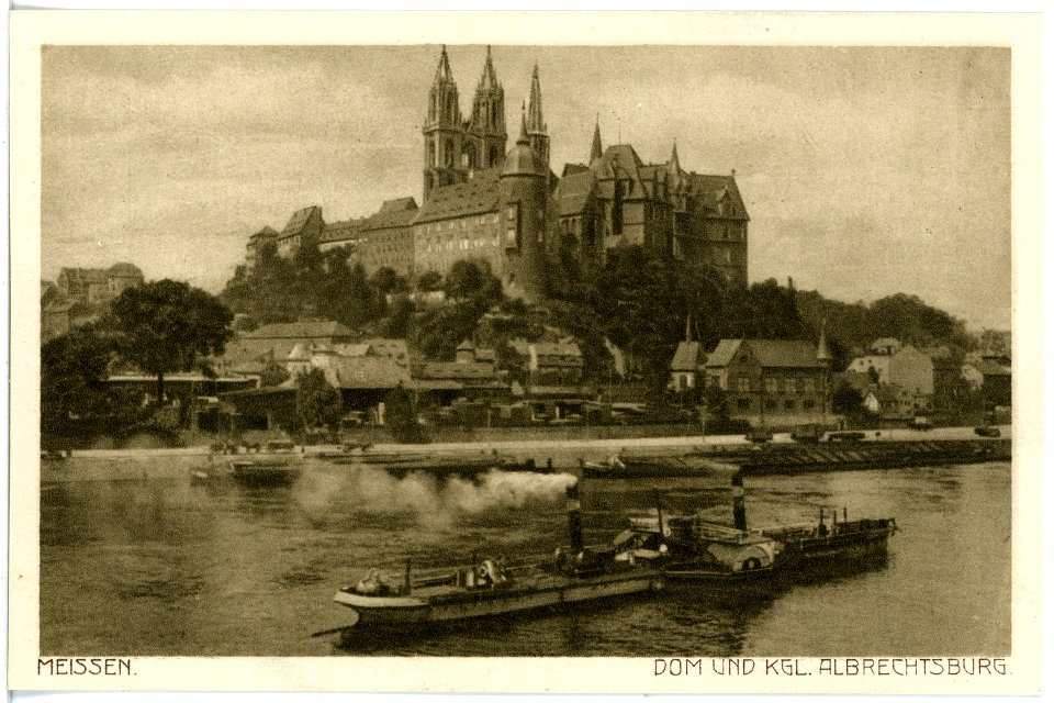 17198-Meißen-1913-Albrechtsburg und Dom - Elbe mit Schlepper-Brück & Sohn Kunstverlag