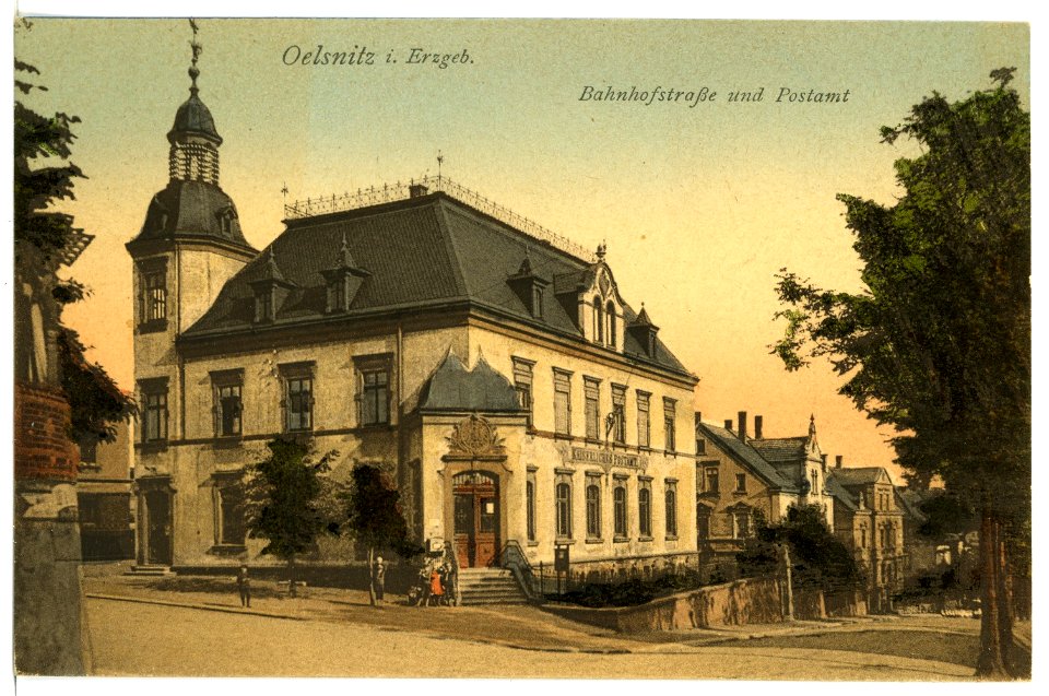 17046-Oelsnitz-1913-Bahnhofstraße und Postamt-Brück & Sohn Kunstverlag
