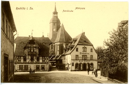 17162-Rochlitz-1913-Mühlplatz mit Petrikirche-Brück & Sohn Kunstverlag