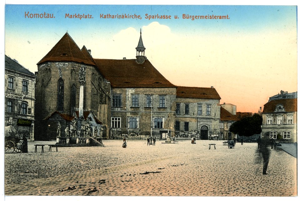 15842-Komotau-1913-Markt, Katharinakirche, Sparkasse, Bürgermeisteramt-Brück & Sohn Kunstverlag
