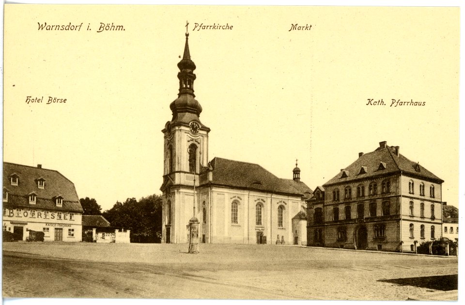 17262-Warnsdorf-1914-Markt, Pfarrkirche, Hotel Börse-Brück & Sohn Kunstverlag