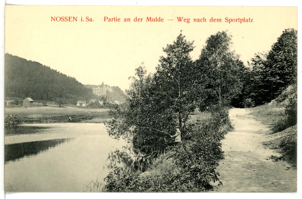 15895-Nossen-1913-Partie an der Mulde, Weg nach dem Sportplatz-Brück & Sohn Kunstverlag
