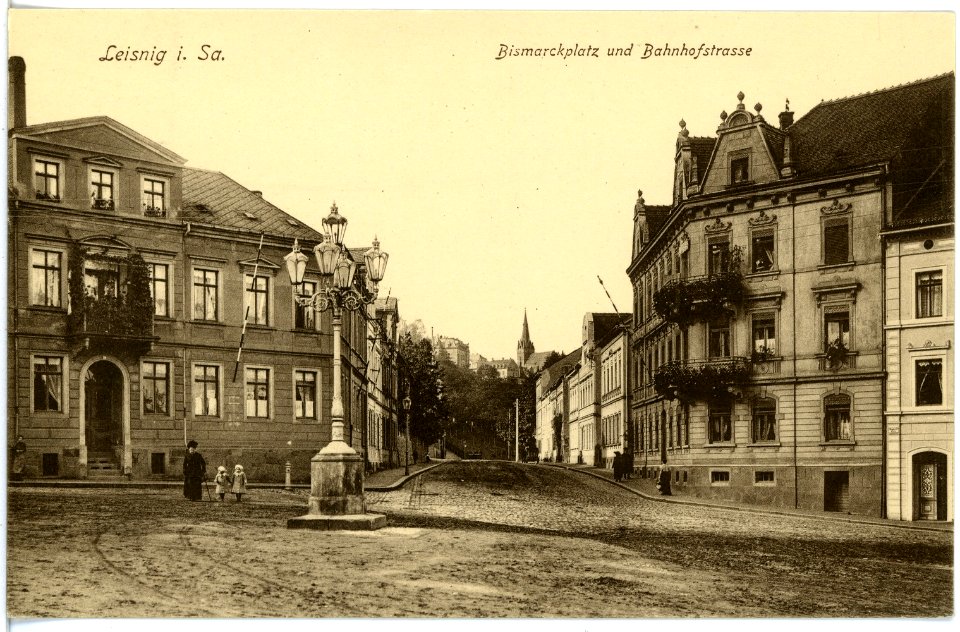 17248-Leisnig-1913-Bismarckplatz und Bahnhofstraße-Brück & Sohn Kunstverlag
