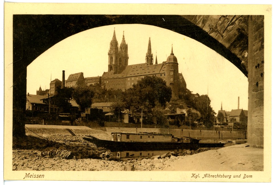 16277-Meißen-1913-Blick durch die Elbbrücke zum Burgberg-Brück & Sohn Kunstverlag