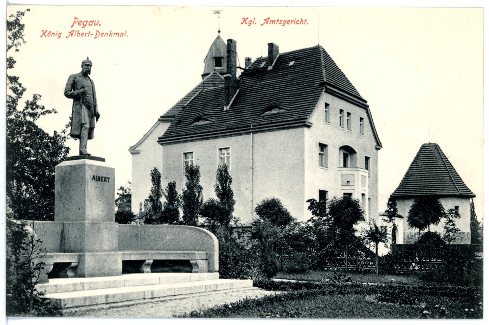 16355-Pegau-1913-König Albert Denkmal und Amtsgericht-Brück & Sohn Kunstverlag