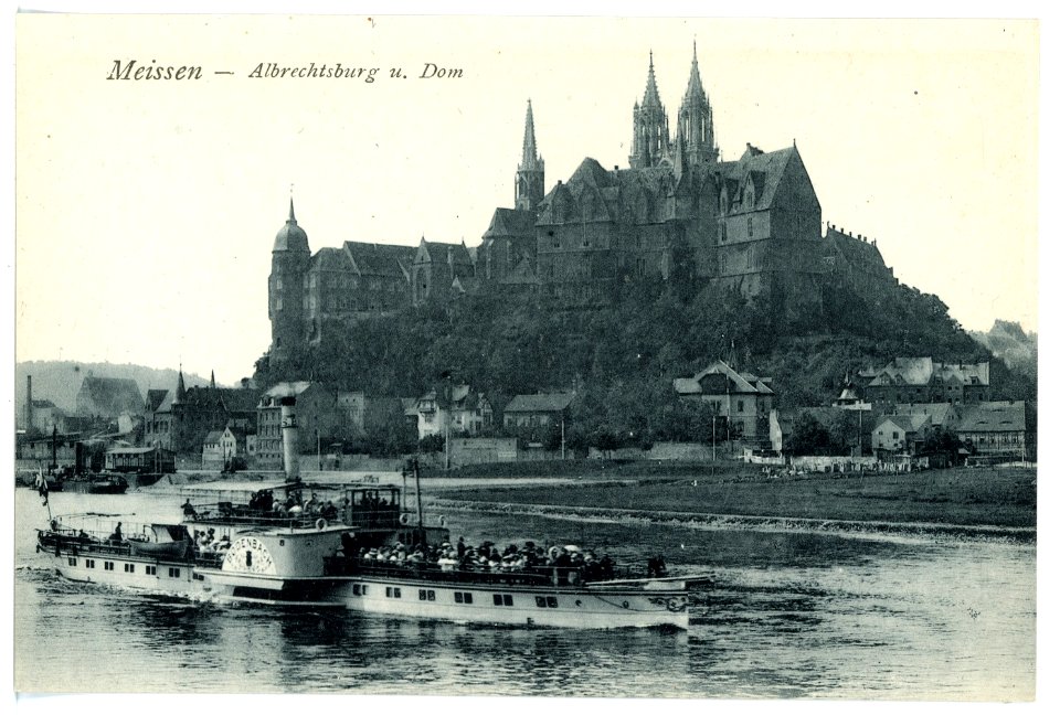 15877-Meißen-1913-Albrechtsburg und Dom - Elbe mit Dampfer Bodenbach-Brück & Sohn Kunstverlag