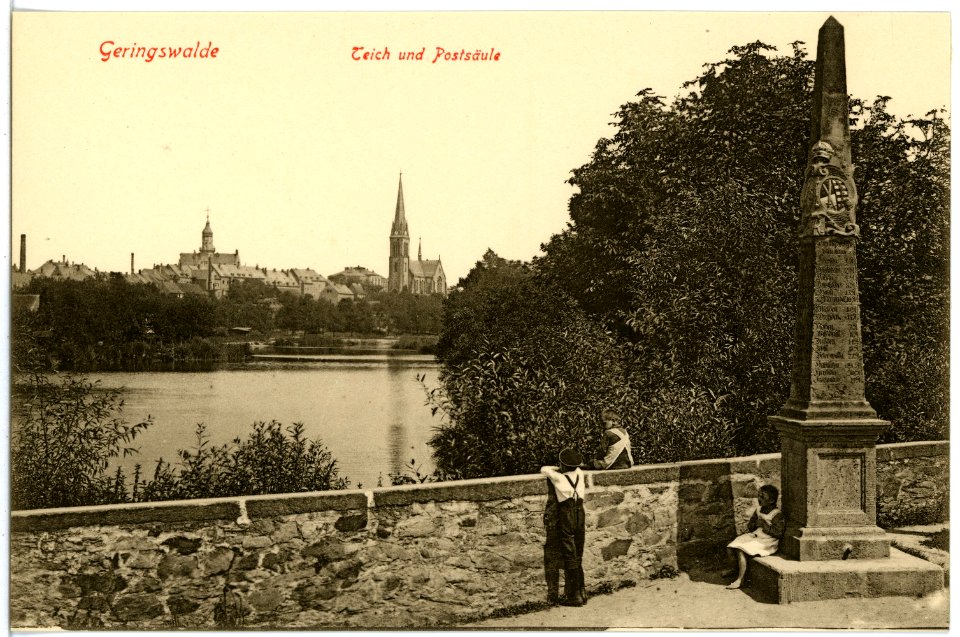 16653-Geringswalde-1913-Teich und Postsäule-Brück & Sohn Kunstverlag