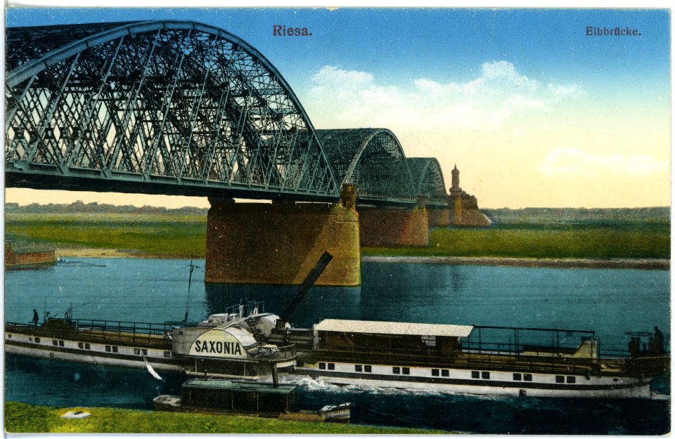 18495-Riesa-1914-Elbbrücke mit Dampfer Saxonia-Brück & Sohn Kunstverlag