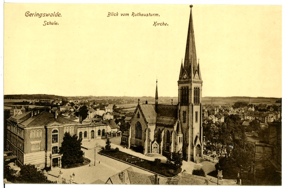 16654-Geringswalde-1913-Blick vom Rathausturm auf Kirche und Schule-Brück & Sohn Kunstverlag