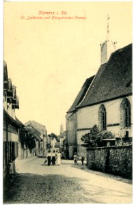 18321-Kamenz-1914-St. Justkirche und Königsbrücker Straße-Brück & Sohn Kunstverlag