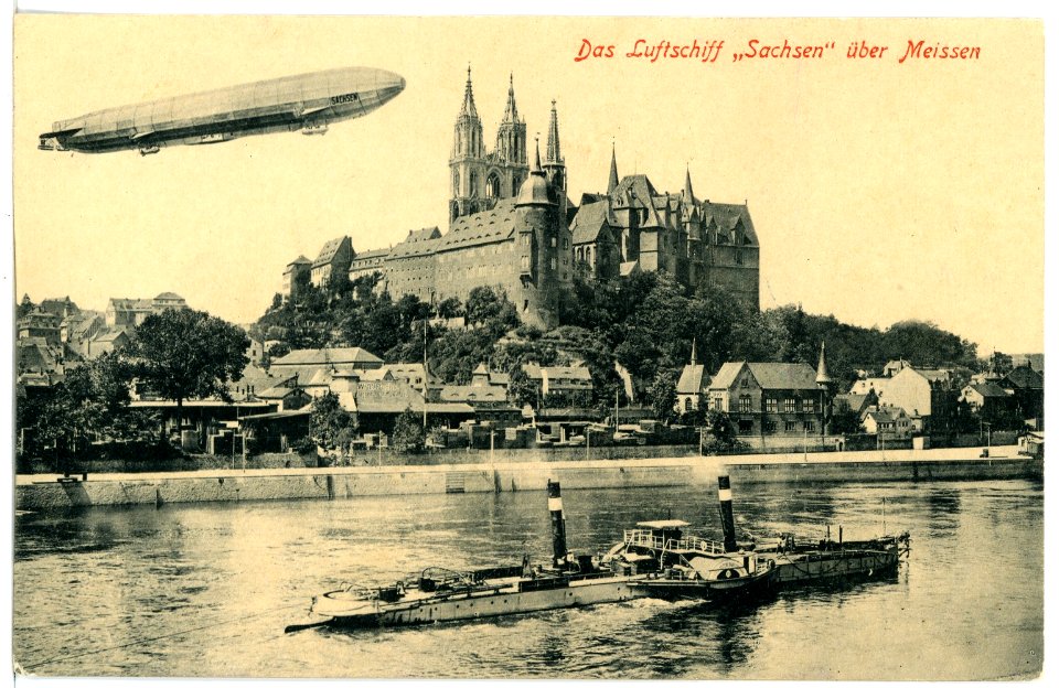 16708-Meißen-1913-Das Luftschiff "Sachsen" über Meißen-Brück & Sohn Kunstverlag