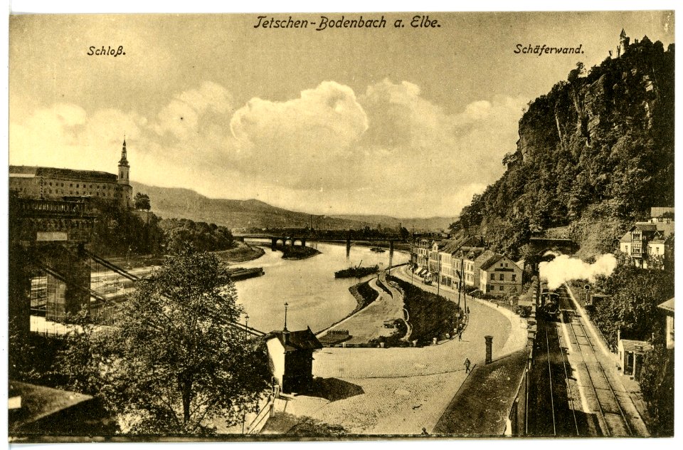 16321-Tetschen-Bodenb.-1913-Schäferwand, Tunnel, Schloß, Brücke, Elbe, Zug-Brück & Sohn Kunstverlag