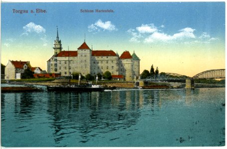 18451-Torgau-1914-Schloß Hartenfels, Brücke, Elbe mit Schlepper-Brück & Sohn Kunstverlag