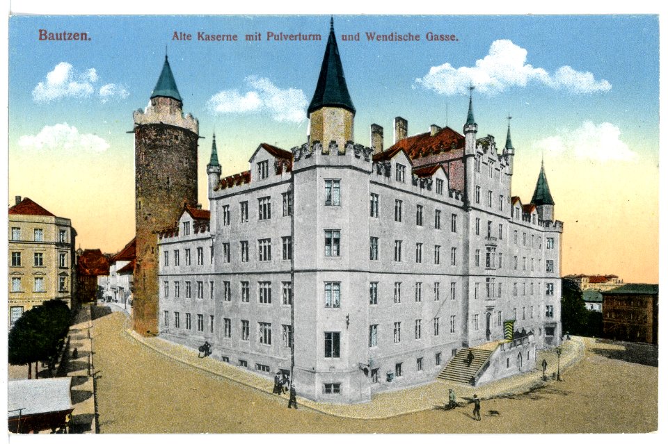 16422-Bautzen-1913-Alte Kaserne mit Pulverturm und Wendische Gasse-Brück & Sohn Kunstverlag