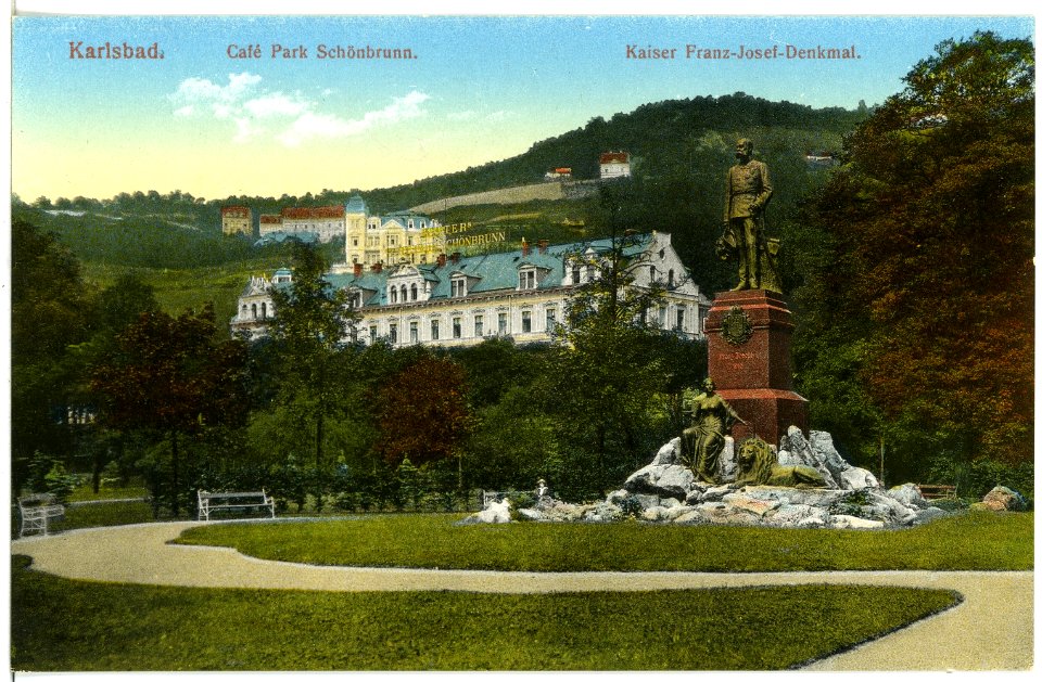 18824-Karlsbad-1915-Cafe Park Schönbrunn, Kaiser-Franz-Josef-Denkmal-Brück & Sohn Kunstverlag