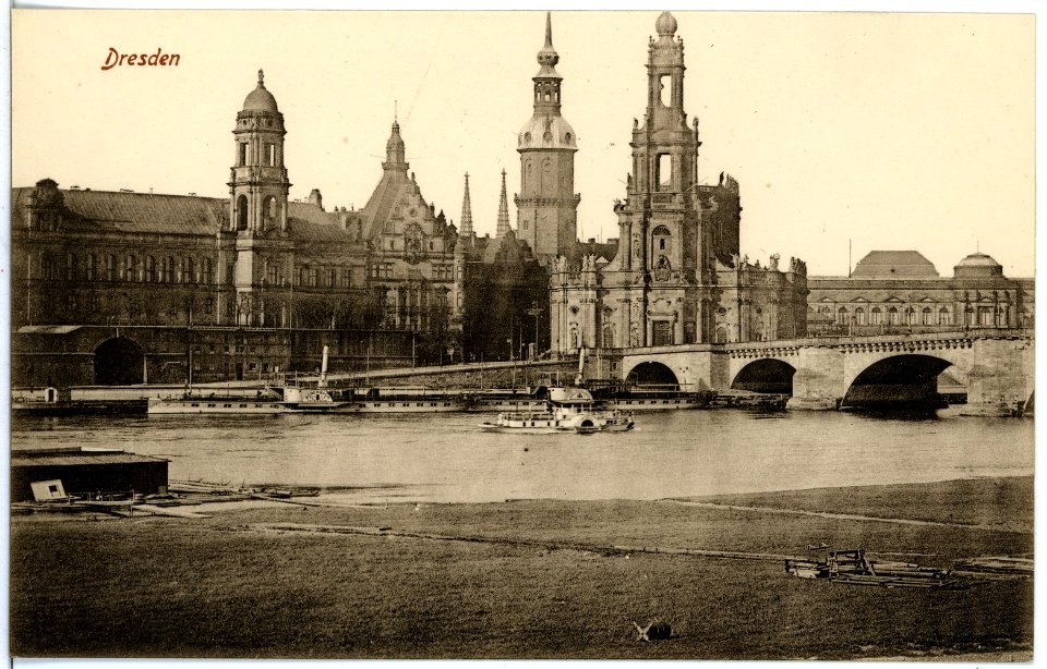 18901-Dresden-1915-Hofkirche, Schloß, Augustusbrücke, Elbe mit Dampfern-Brück & Sohn Kunstverlag