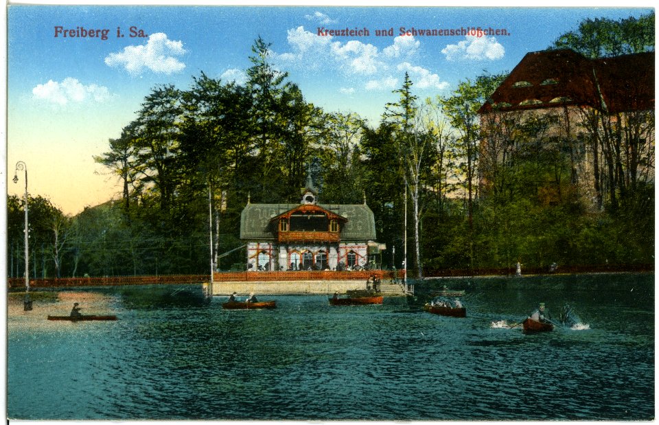 18460-Freiberg-1914-Kreuzteich und Schwanenschlößchen-Brück & Sohn Kunstverlag