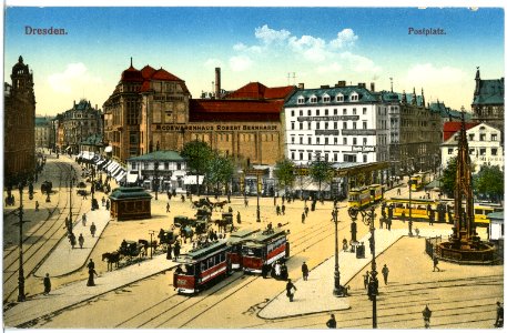 18522-Dresden-1914-Postplatz mit Modehaus Bernhardt und Straßenbahnen-Brück & Sohn Kunstverlag
