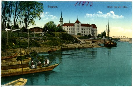 18523-Torgau-1914-Schloß Hartenfels mit Elbe und Fischerkähnen, Elbbrücke-Brück & Sohn Kunstverlag
