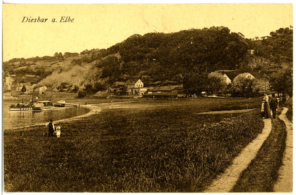 18961-Diesbar-1915-Blick auf Diesbar - Elbe mit Dampfer Tetschen-Brück & Sohn Kunstverlag