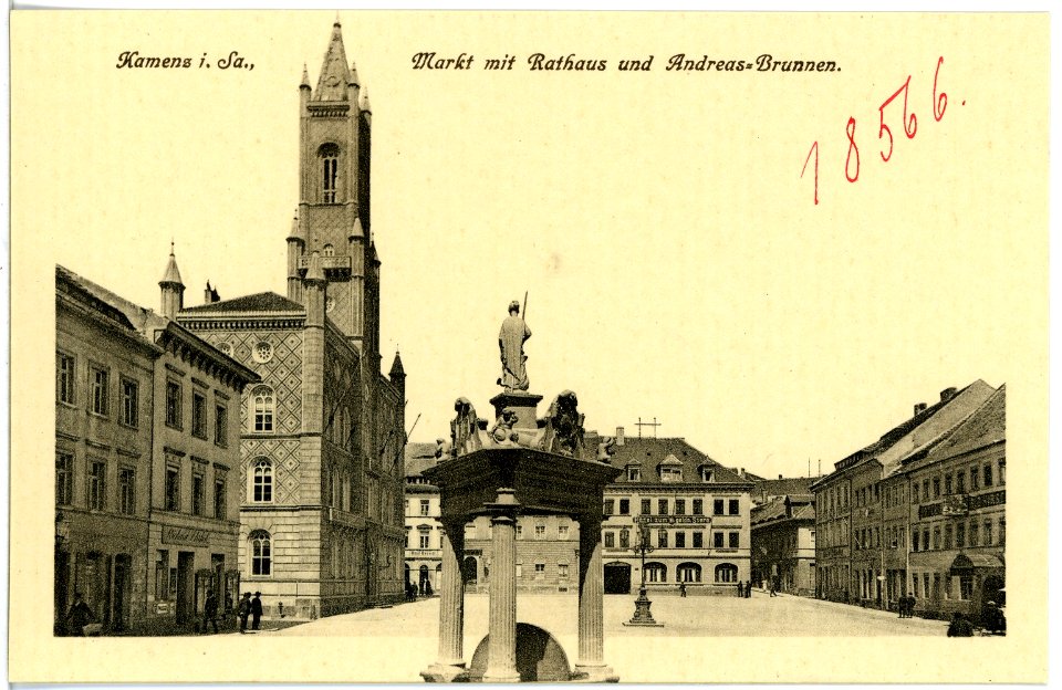 18566-Kamenz-1914-Markt mit Rathaus und Andreasbrunnen-Brück & Sohn Kunstverlag