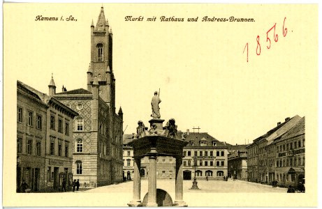 18566-Kamenz-1914-Markt mit Rathaus und Andreasbrunnen-Brück & Sohn Kunstverlag