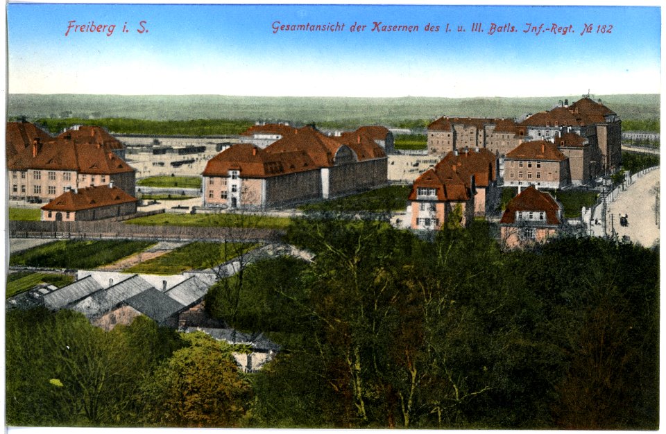 18971-Freiberg-1915-Kasernen des I. und III. Bataillon Infanterie-Regiment Nr. 182-Brück & Sohn Kunstverlag
