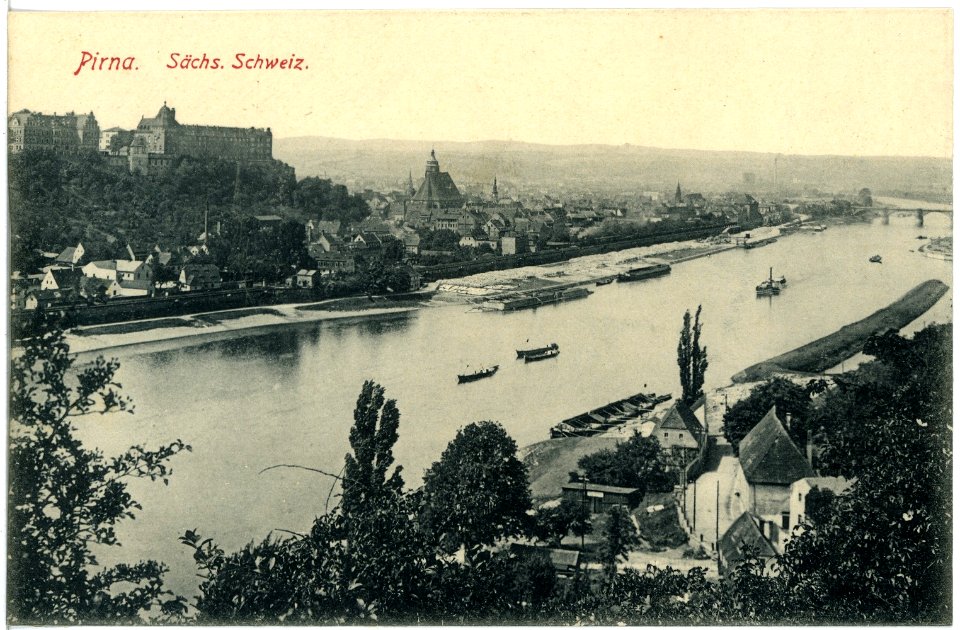 18511-Pirna-1914-Blick auf Pirna und die Elbe mit Schiffen-Brück & Sohn Kunstverlag