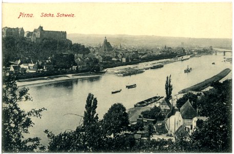18511-Pirna-1914-Blick auf Pirna und die Elbe mit Schiffen-Brück & Sohn Kunstverlag