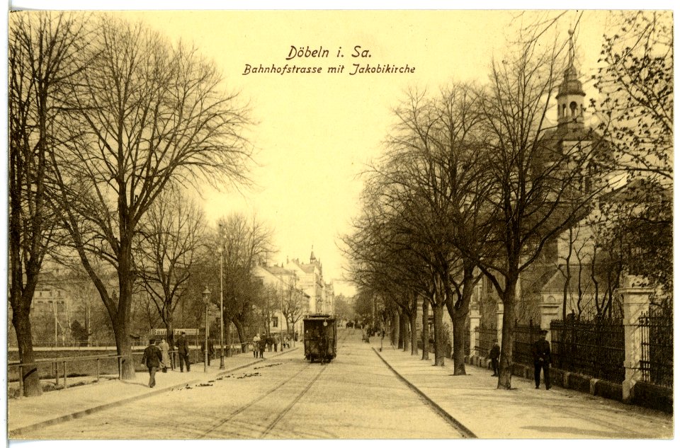 18858-Döbeln-1915-Bahnhofstraße mit Jakobikirche-Brück & Sohn Kunstverlag