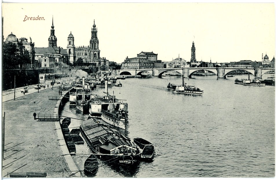 18921-Dresden-1915-Terrassenufer mit Dampfern, Hofkirche, Oper, Brücke-Brück & Sohn Kunstverlag
