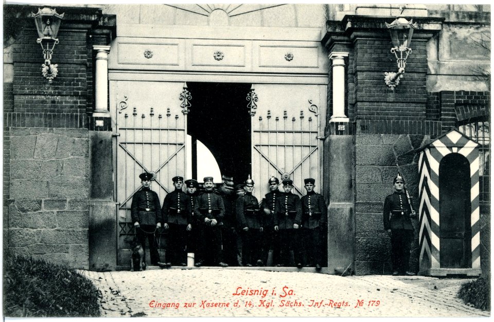 18535-Leisnig-1914-Kaserne des 14. Königlich Sächsischen Infanterie-Regiment Nr. 179 - Eingang-Brück & Sohn Kunstverlag