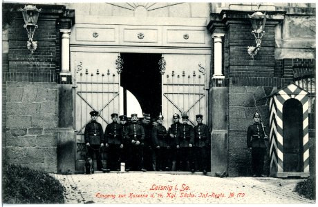 18535-Leisnig-1914-Kaserne des 14. Königlich Sächsischen Infanterie-Regiment Nr. 179 - Eingang-Brück & Sohn Kunstverlag