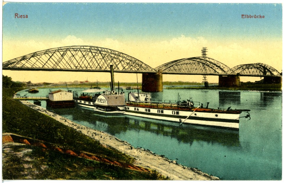 18497-Riesa-1914-Elbbrücke mit Dampfer Riesa-Brück & Sohn Kunstverlag