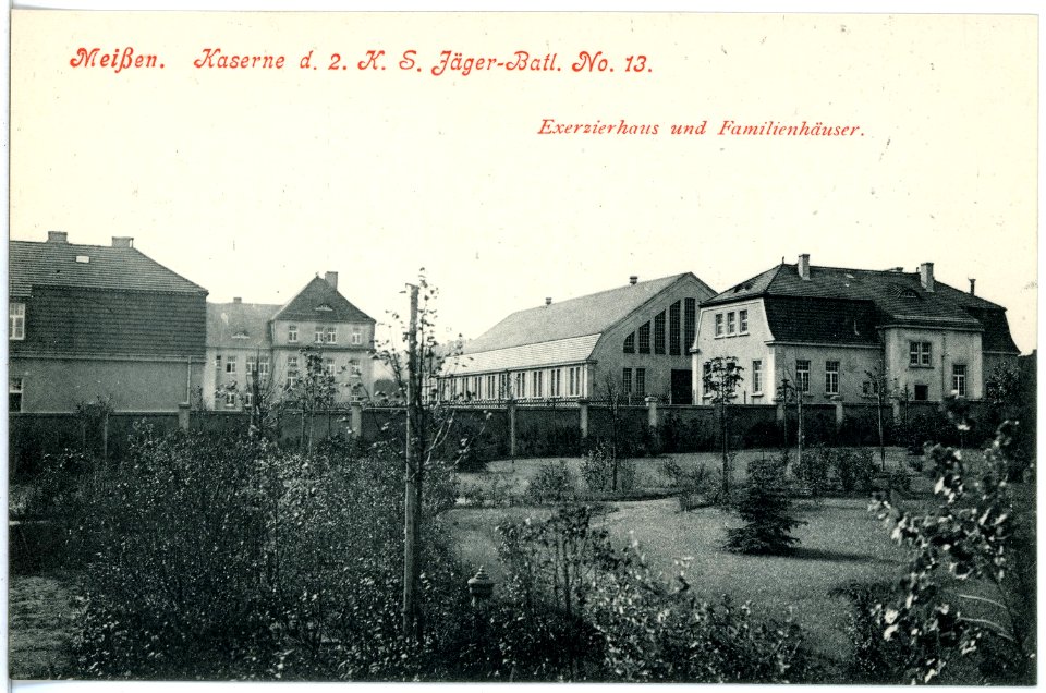 18240-Meißen-1914-Kaserne des 2. Königlich Sächsischen Jäger-Bataillon Nr. 13 - Exerzierhaus, Fam.-Häuser-Brück & Sohn Kunstverlag