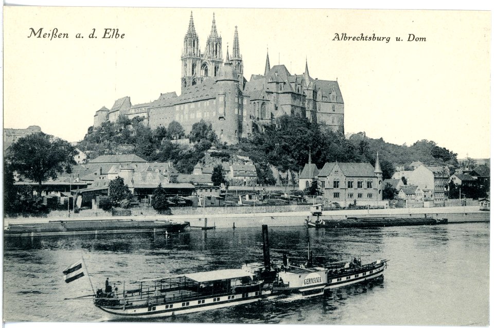 17932-Meißen-1914-Albrechtsburg und Dom - Elbe mit Dampfer Germania-Brück & Sohn Kunstverlag