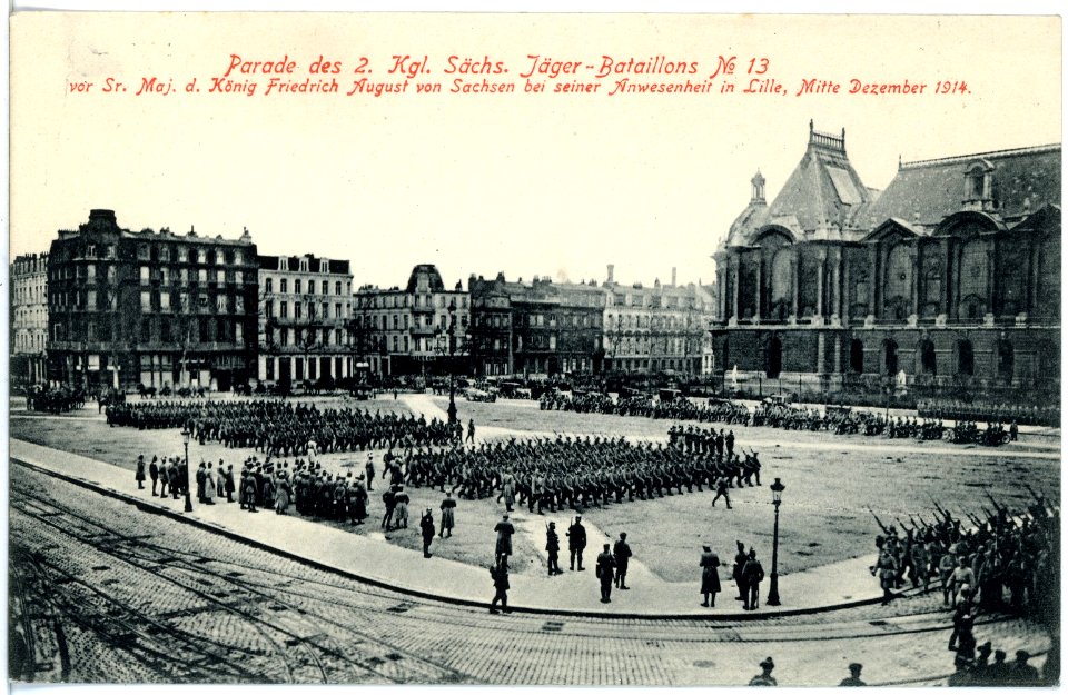 18580-Lille-1914-2. Königlich Sächsisches Jäger-Bataillon Nr. 13 - Parade in Lille Dezember 1914-Brück & Sohn Kunstverlag