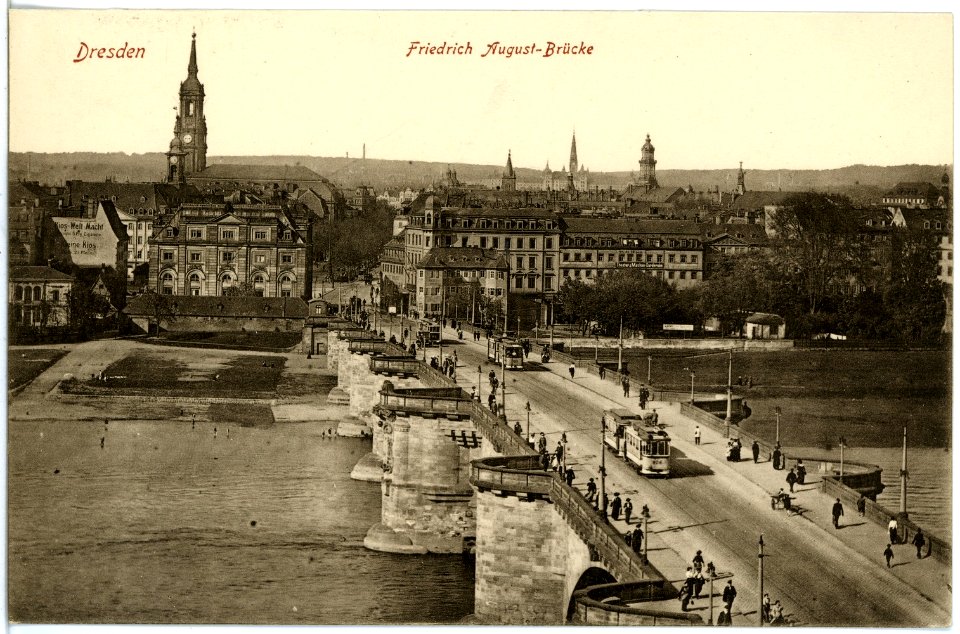 18949-Dresden-1915-Friedrich-August-Brücke mit Straßenbahnen-Brück & Sohn Kunstverlag