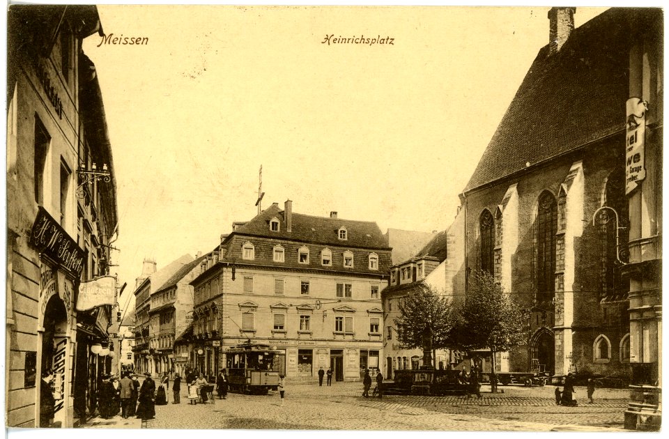 17924-Meißen-1914-Heinrichsplatz mit Straßenbahn - Franziskanerkirche-Brück & Sohn Kunstverlag